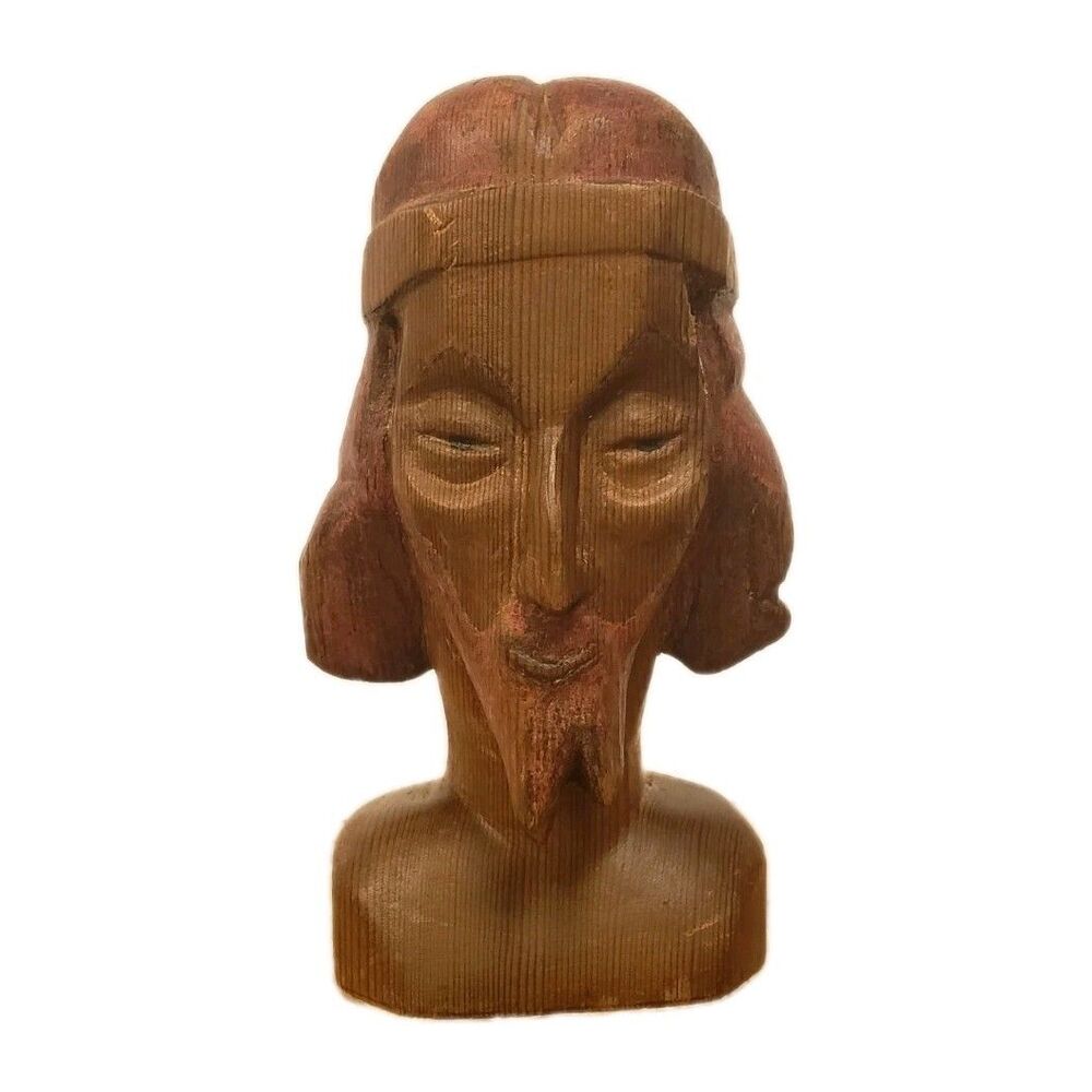 Vintage Hand Carved Wood Bust Sculpture Folk Art Tribal Man Head Figurine Decor